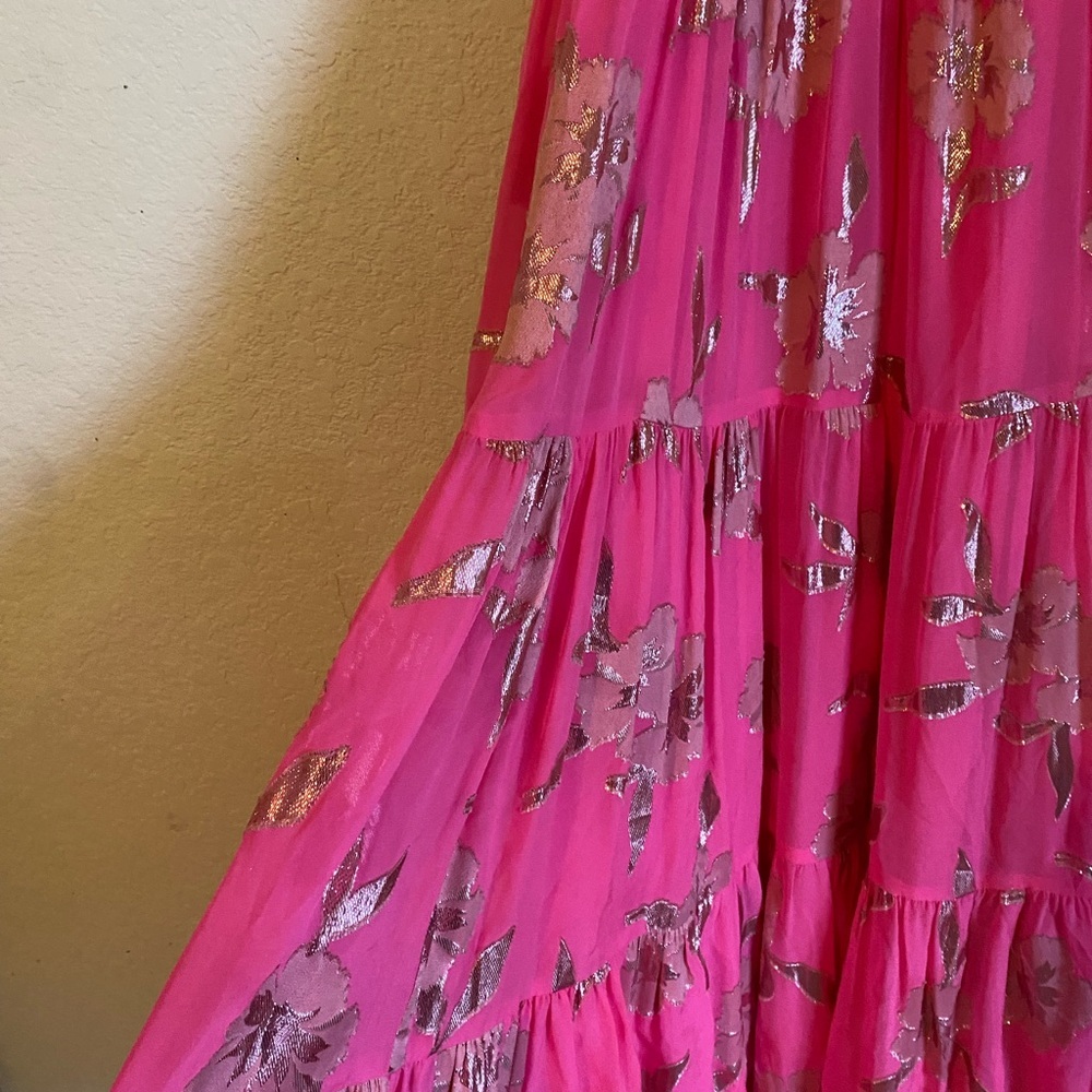 LILLY PULITZER Beccalyn Silk Blend Halter Tiered Metallic Pink Maxi Dress XXS - Picture 3 of 15